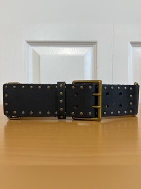 WCM NY Retro Wide Black Braided Double Prong Leather Belt Rivets Detail Small